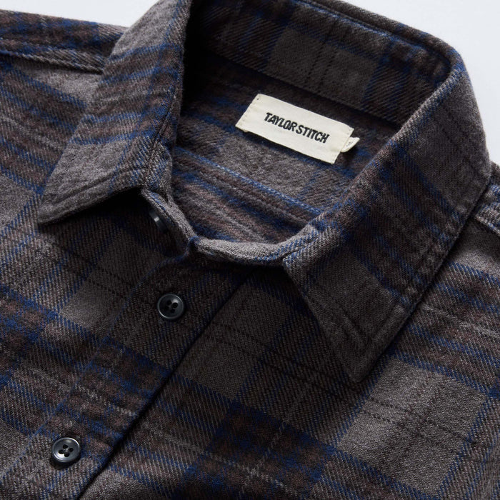material shot of the collar on The Ledge Shirt in Heather Granite Plaid