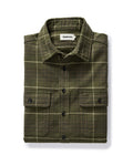folded flatlay of The Ledge Shirt in Olive Plaid