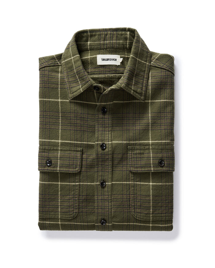 folded flatlay of The Ledge Shirt in Olive Plaid