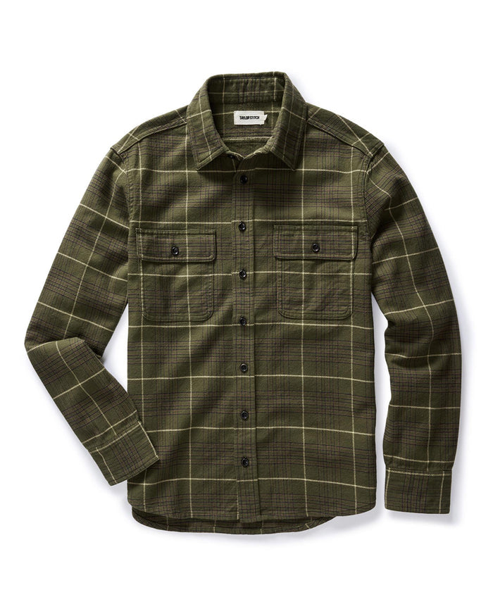 flatlay of The Ledge Shirt in Olive Plaid