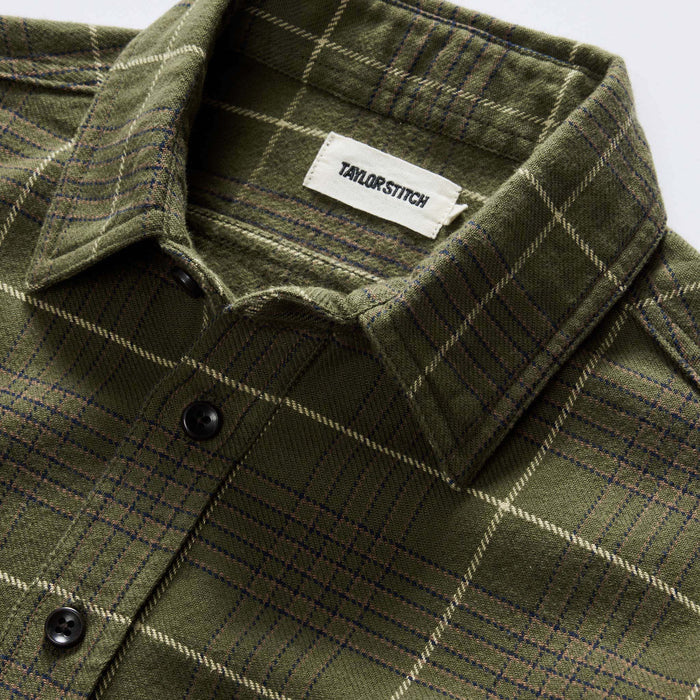 material shot of the collar on The Ledge Shirt in Olive Plaid