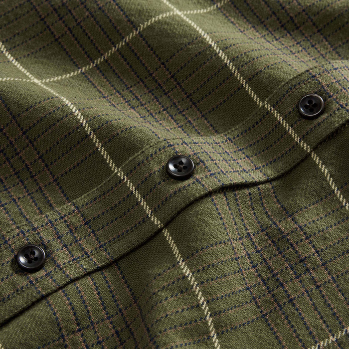 material shot of the buttons on The Ledge Shirt in Olive Plaid