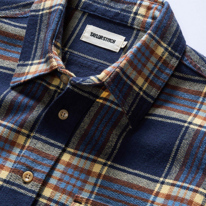 material shot of the collar on The Ledge Shirt in River Plaid
