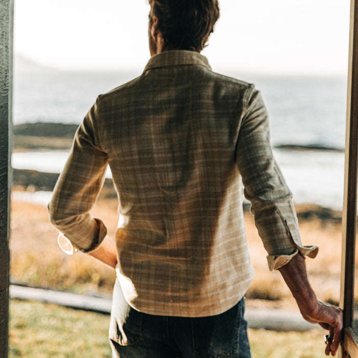 fit model wearing The Ledge Shirt in Sand Plaid, back shot