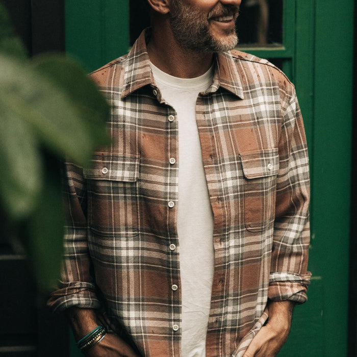 fit model in The Ledge Shirt in Sun Baked Brick Plaid