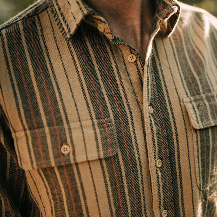 fit model wearing The Ledge Shirt in Sunset Stripe