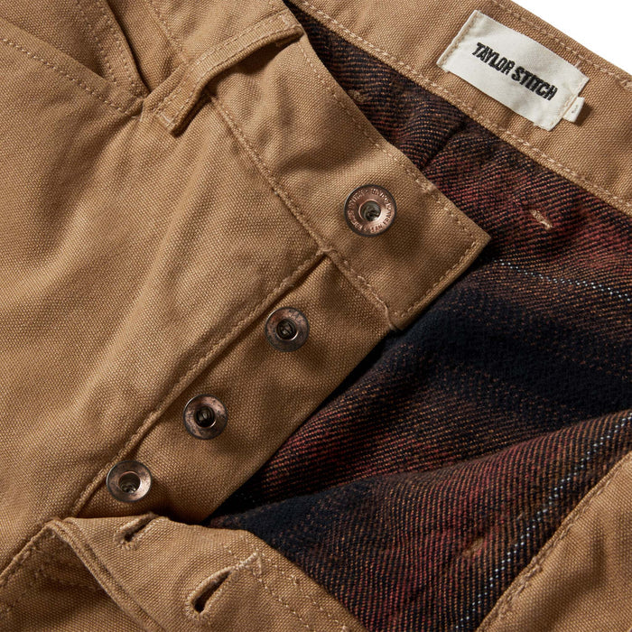 material shot of the button fly on The Lined Chore Pant in Tobacco Boss Duck