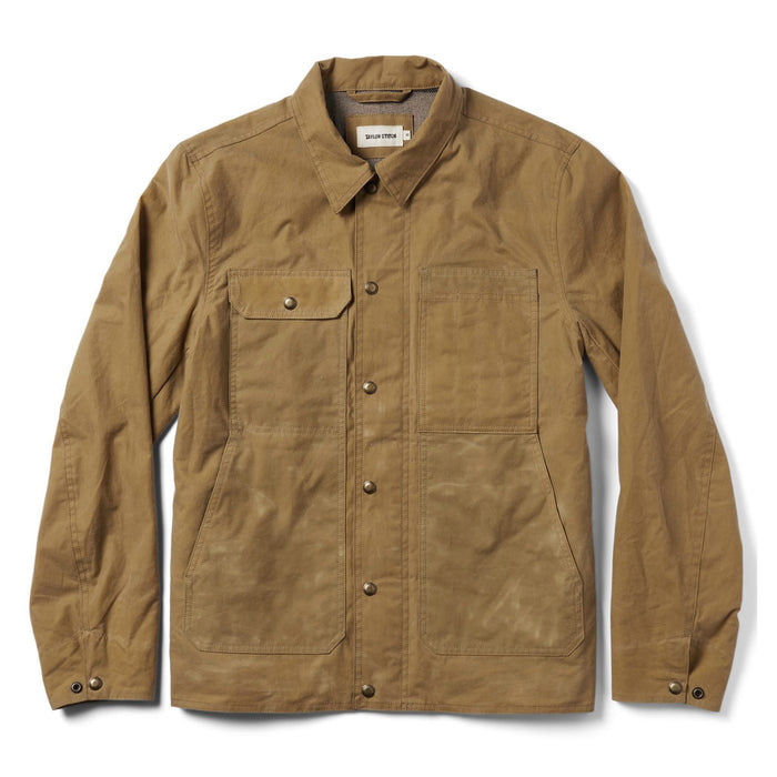 flatlay of The Lined Longshore Jacket in Harvest Tan Waxed Canvas