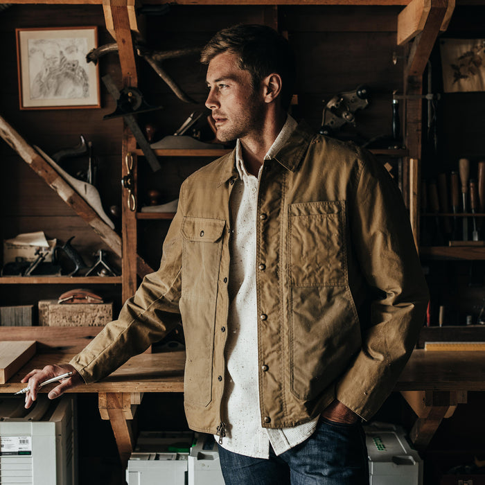 fit model wearing The Lined Longshore Jacket in Harvest Tan Waxed Canvas