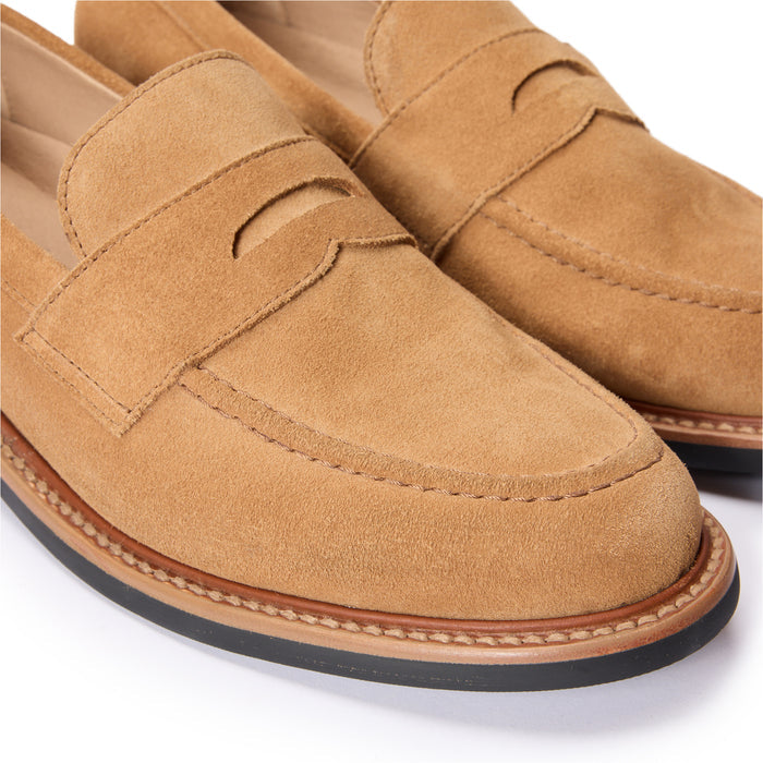 material shot of the front stitching on The Loafer in Tan Suede