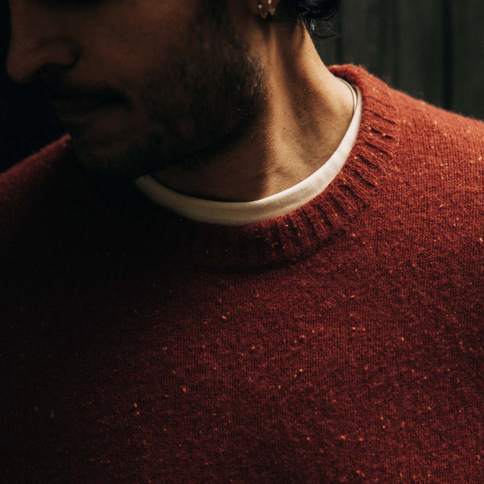 fit model showing off the collar on The Lodge Sweater in Bonfire Donegal