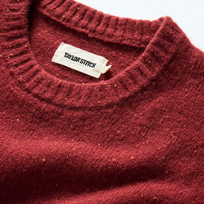 material shot of the collar on The Lodge Sweater in Bonfire Donegal