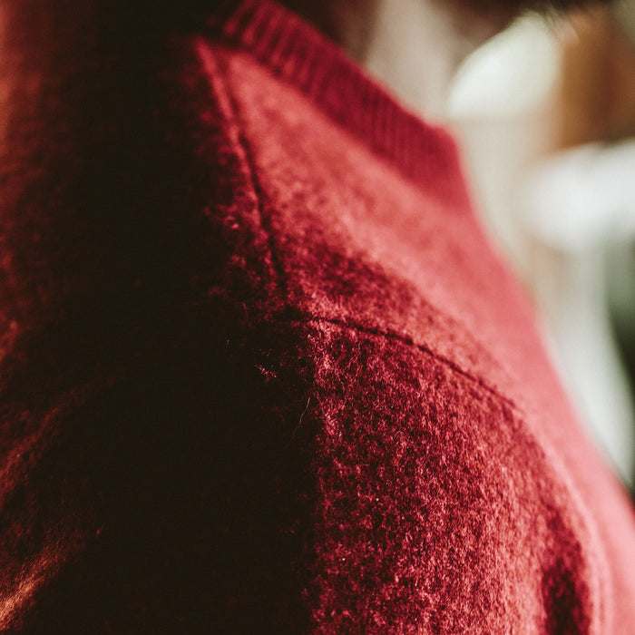 Shoulder detail of the Lodge Sweater on our fit model