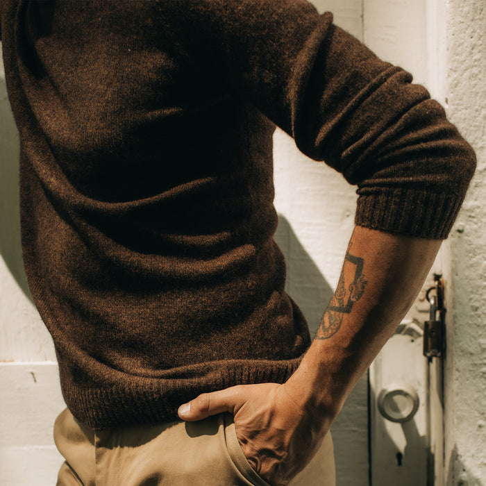 fit model posing in The Lodge Sweater in Coffee