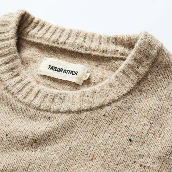 material shot of the collar on The Lodge Sweater in Sand Donegal