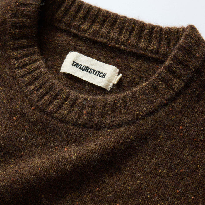 material shot of the collar on The Lodge Sweater in Timber Donegal