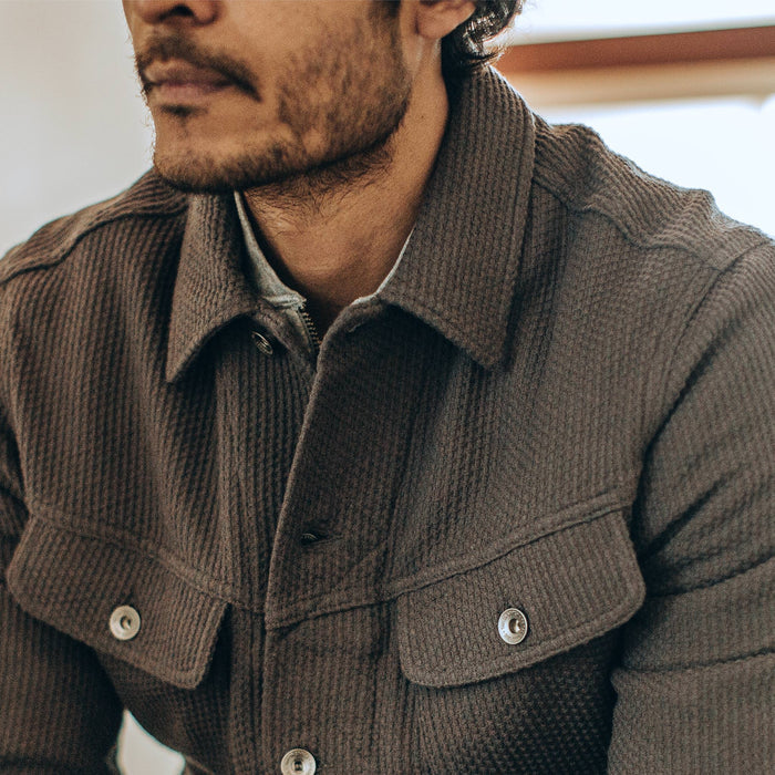 our fit model wearing The Long Haul Jacket in Ash Sashiko—cropped shot of chest