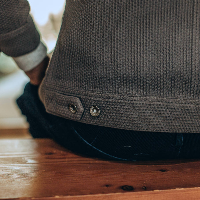 our fit model wearing The Long Haul Jacket in Ash Sashiko—cropped shot of back detail