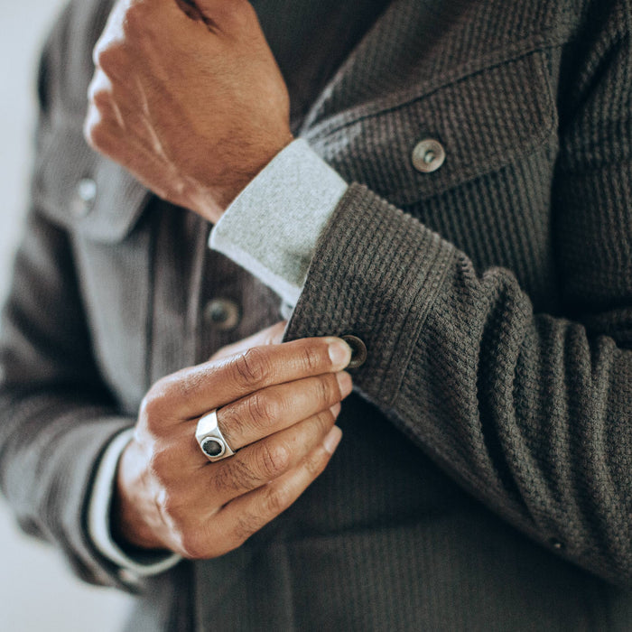 our fit model wearing The Long Haul Jacket in Ash Sashiko—cropped shot of wrist