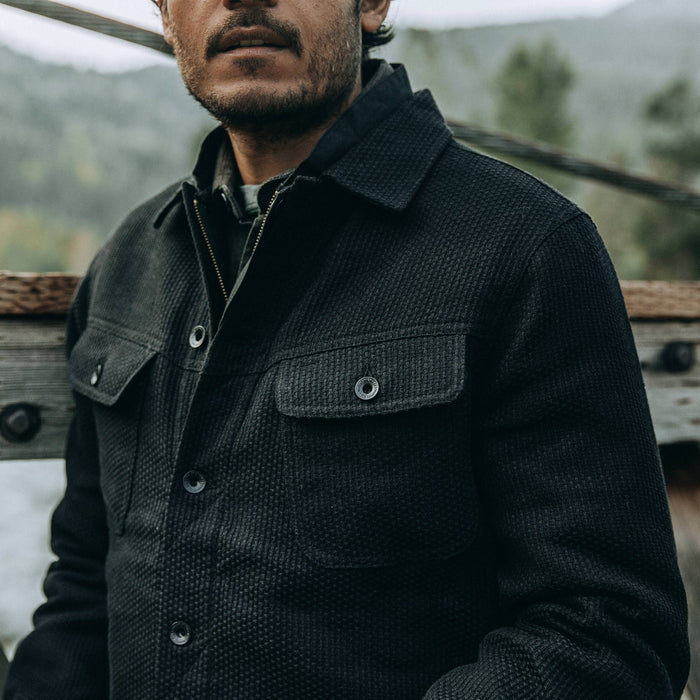 fit model wearing The Long Haul Jacket in Black Indigo Sashiko—cropped shot of chest