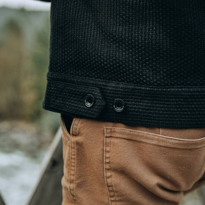 fit model wearing The Long Haul Jacket in Black Indigo Sashiko—side material detail