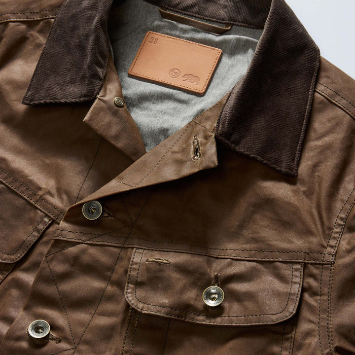material shot of the collar on The Long Haul Jacket in Dark Khaki Waxed Canvas