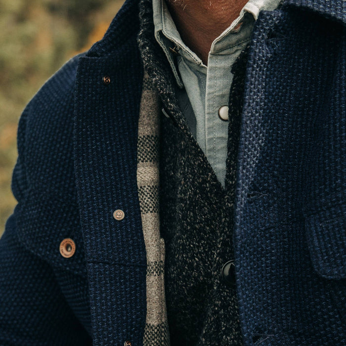 The Long Haul Jacket in Indigo Sashiko, chest material shot