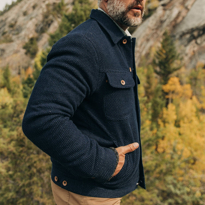 The Long Haul Jacket in Indigo Sashiko—cropped shot, hands in pockets