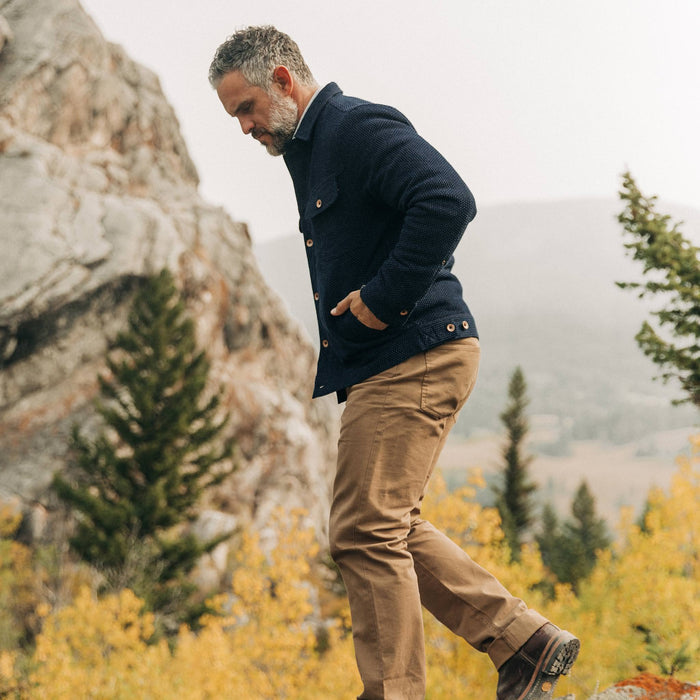 The Long Haul Jacket in Indigo Sashiko—walking left