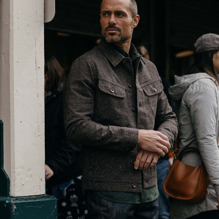 fit model posing in The Long Haul Jacket in Peat Nep Herringbone