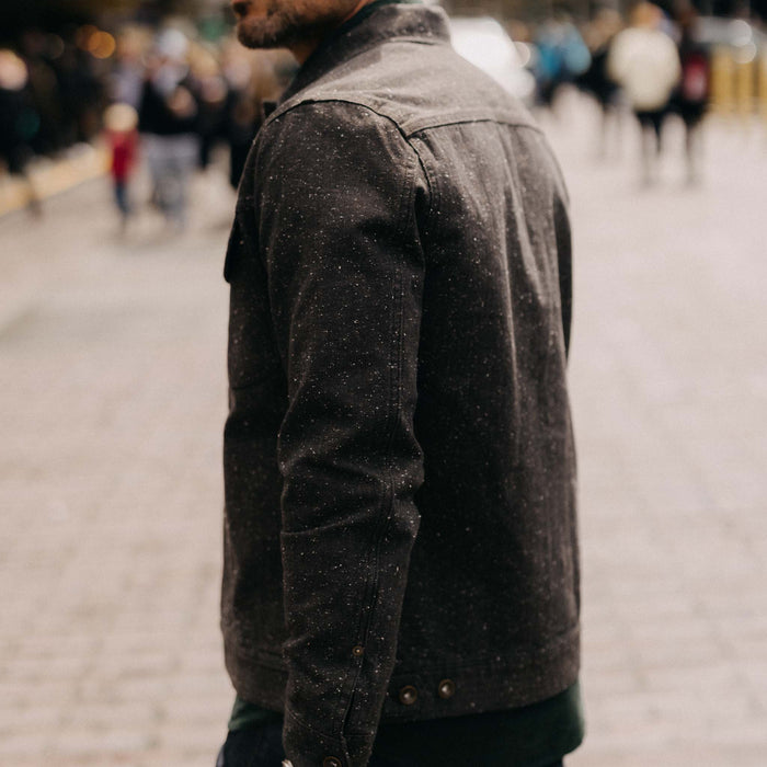 fit model wearing The Long Haul Jacket in Peat Nep Herringbone