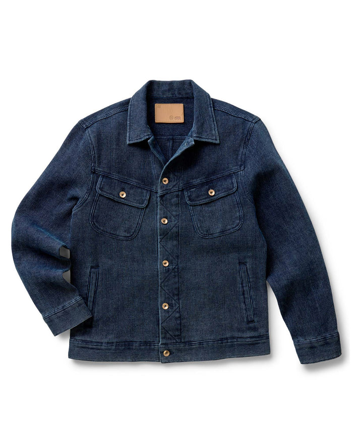 flatlay of The Long Haul Jacket in Rinsed Indigo Waffle