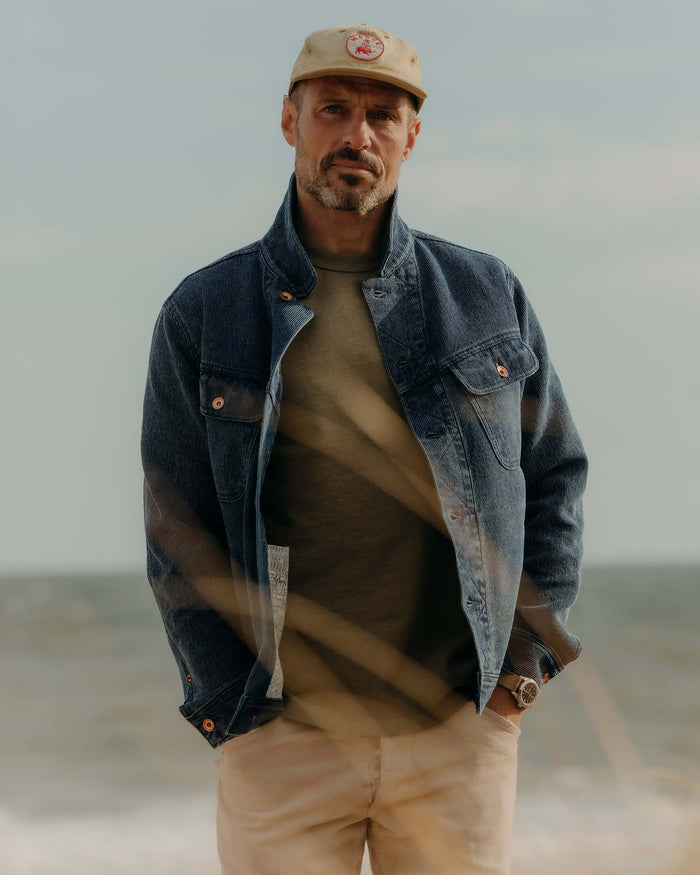 fit model in The Long Haul Jacket in Rinsed Indigo Waffle