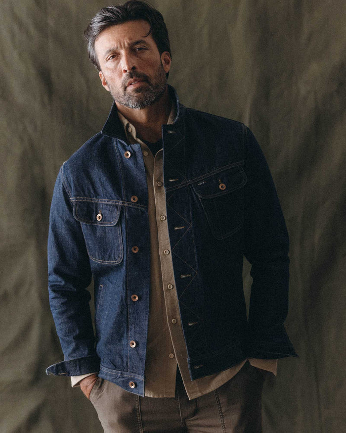 fit model posing in The Long Haul Jacket in Rinsed Organic Selvedge