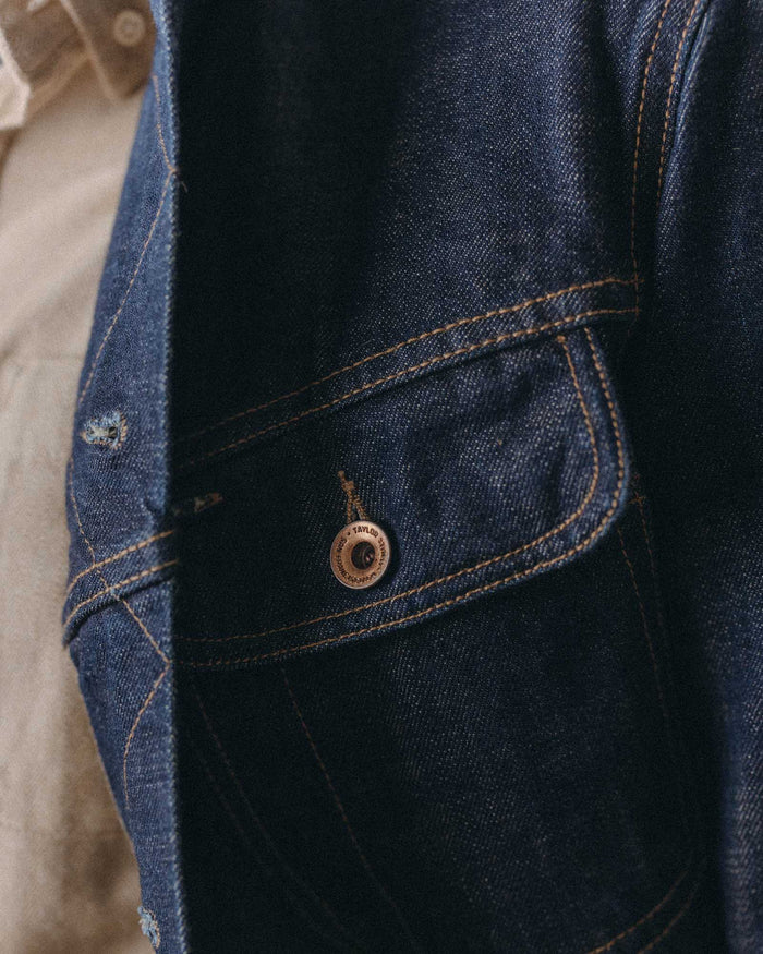 editorial image of the buttons on The Long Haul Jacket in Rinsed Organic Selvedge
