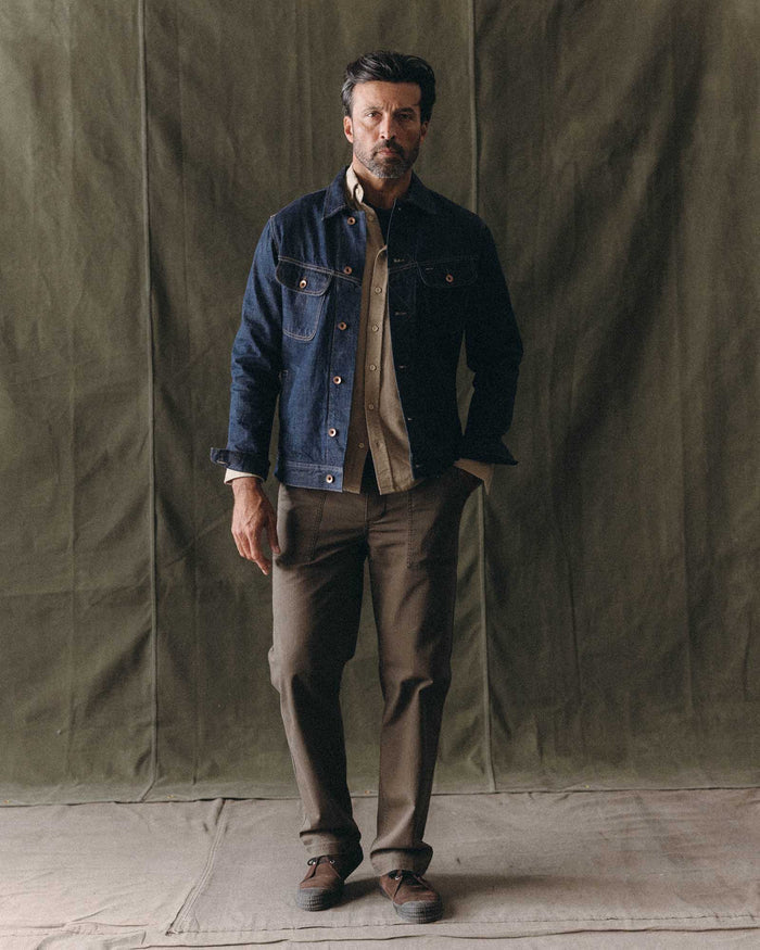 fit model standing wearing The Long Haul Jacket in Rinsed Organic Selvedge
