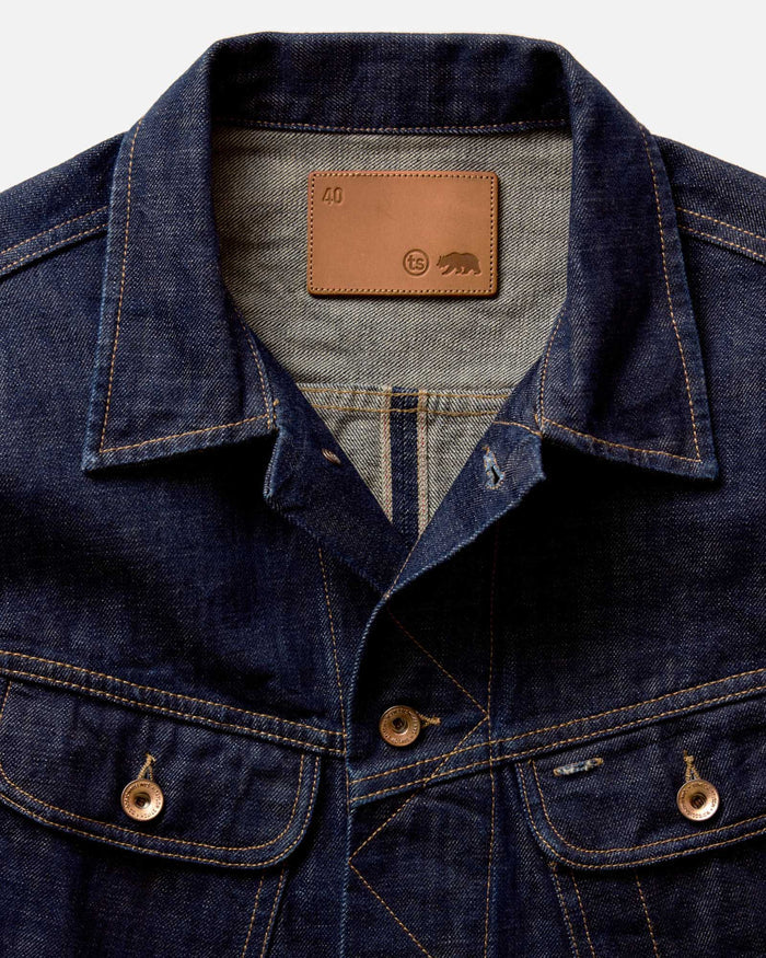 editorial image of the inside of The Long Haul Jacket in Rinsed Organic Selvedge