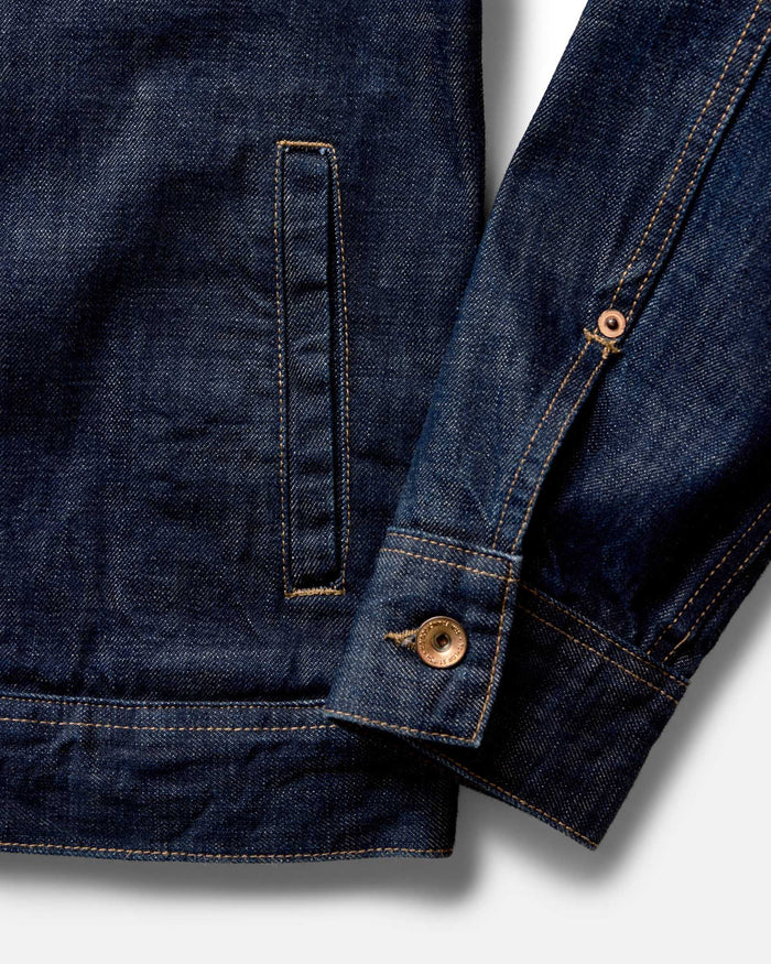 material shot of the collar on The Long Haul Jacket in Rinsed Organic Selvedge