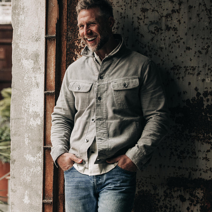 fit model wearing The Long Haul Jacket in Steeple Grey Cord