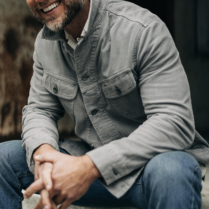 fit model showing the front of The Long Haul Jacket in Steeple Grey Cord