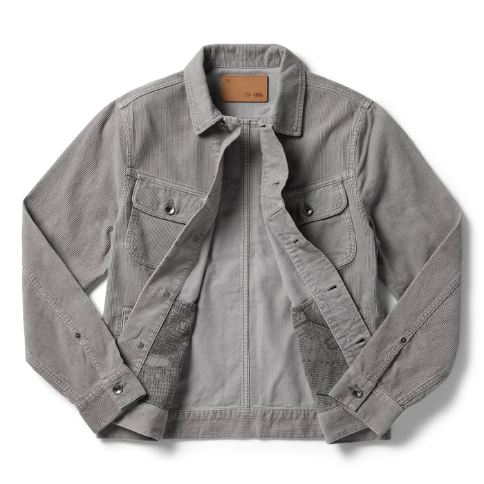 flatlay of The Long Haul Jacket in Steeple Grey Cord, shown open