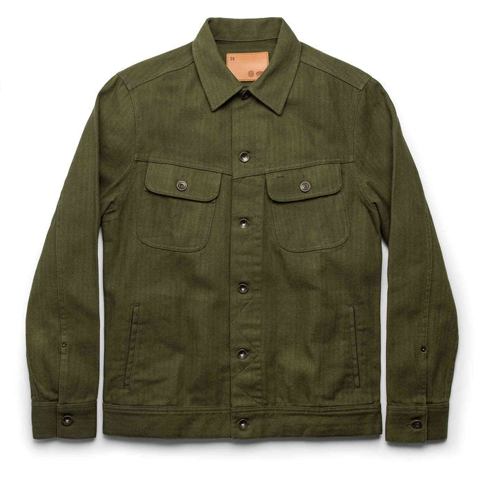 The Long Haul Jacket in Washed Olive Herringbone