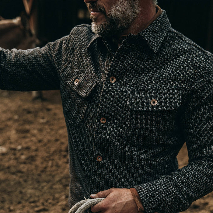 fit model wearing The Long Haul Jacket in Wool Beach Cloth—chest detail