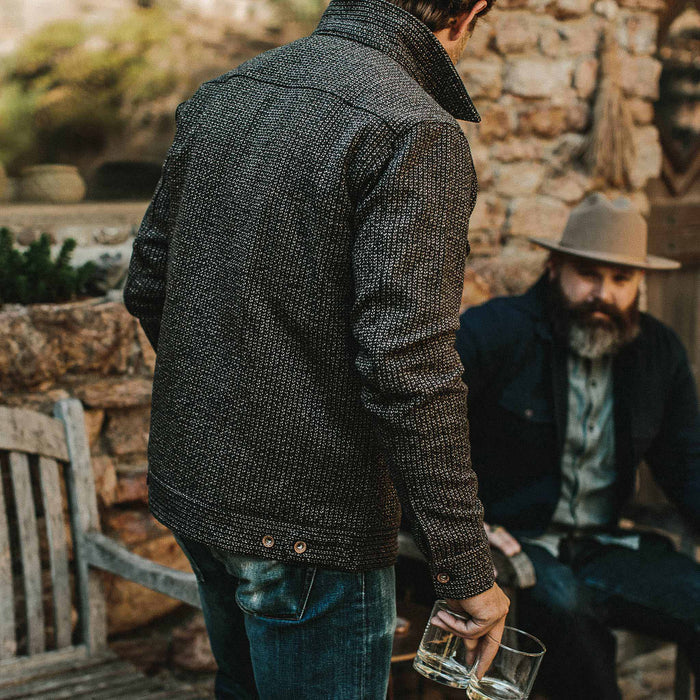 our fit model wearing The Long Haul Jacket in Wool Beach Cloth