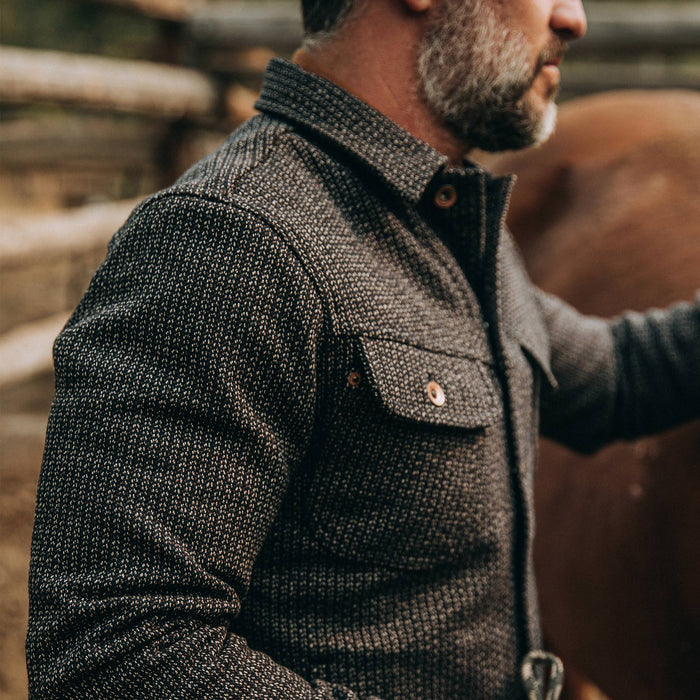 fit model wearing The Long Haul Jacket in Wool Beach Cloth—shoulder detail