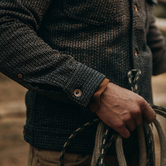 fit model wearing The Long Haul Jacket in Wool Beach Cloth—sleeve detail