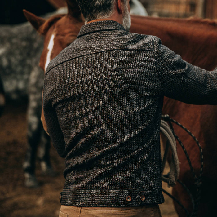 fit model wearing The Long Haul Jacket in Wool Beach Cloth—back material