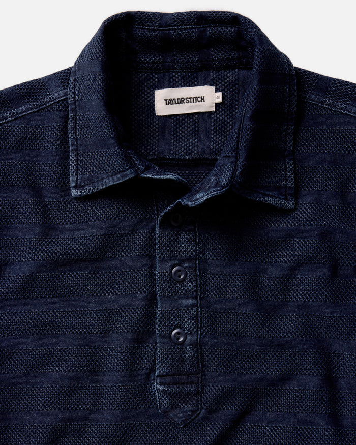 material shot of the collar on The Long Sleeve Polo in Indigo Knit Stripe