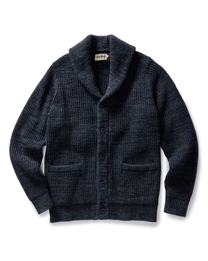 flatlay of The Mariner Shawl Cardigan in Ink Slub