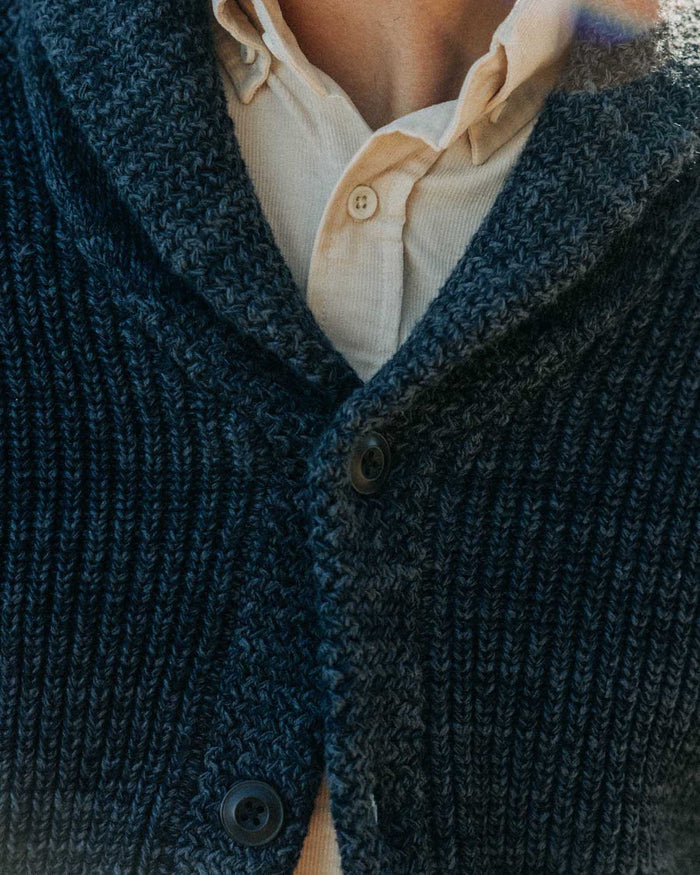 fit model showing off The Mariner Shawl Cardigan in Ink Slub